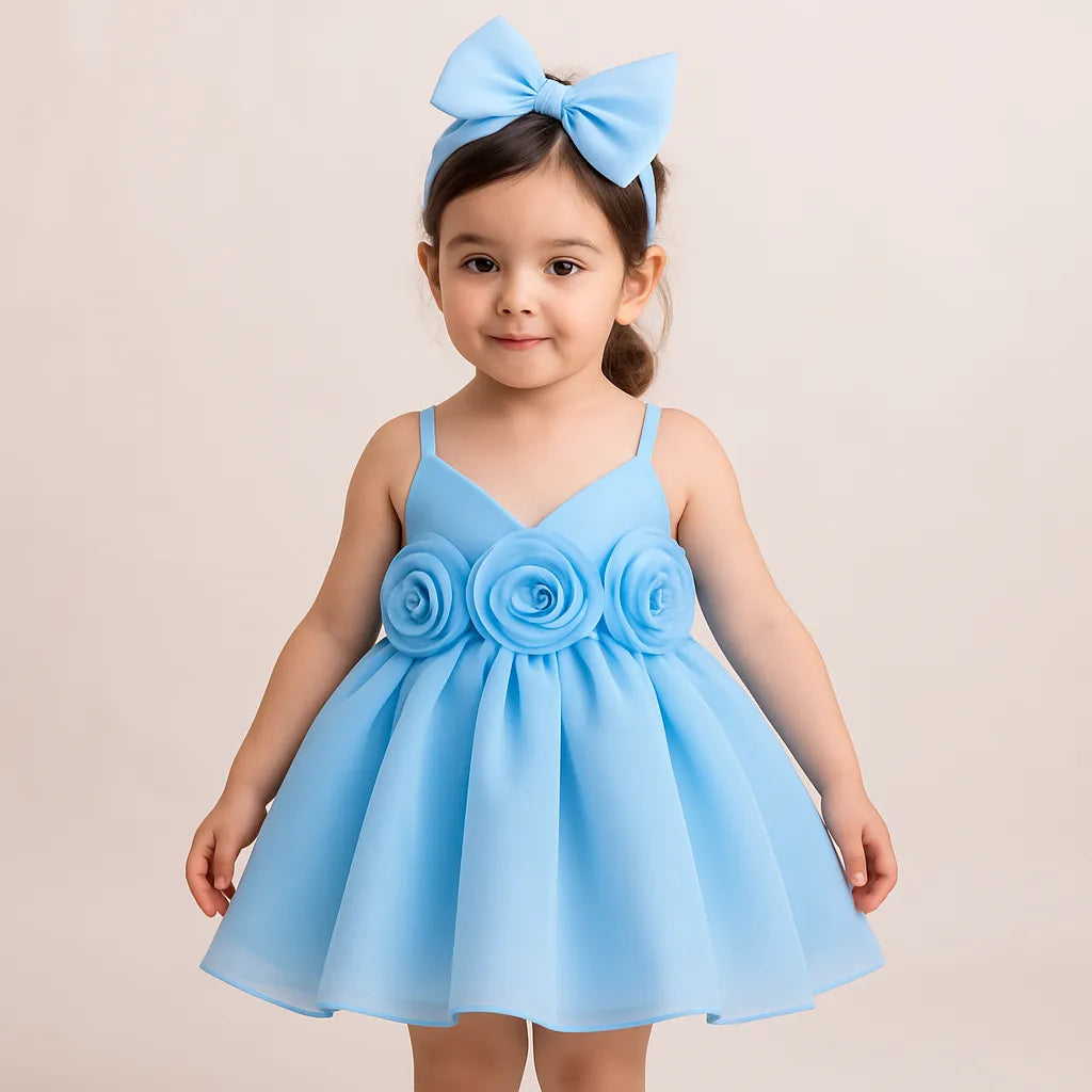 Elara Rosette Organza Dress- Blue - Twisty Locks - Kids and Women Hair Accessories, Fashion Clothing and Jewellery India