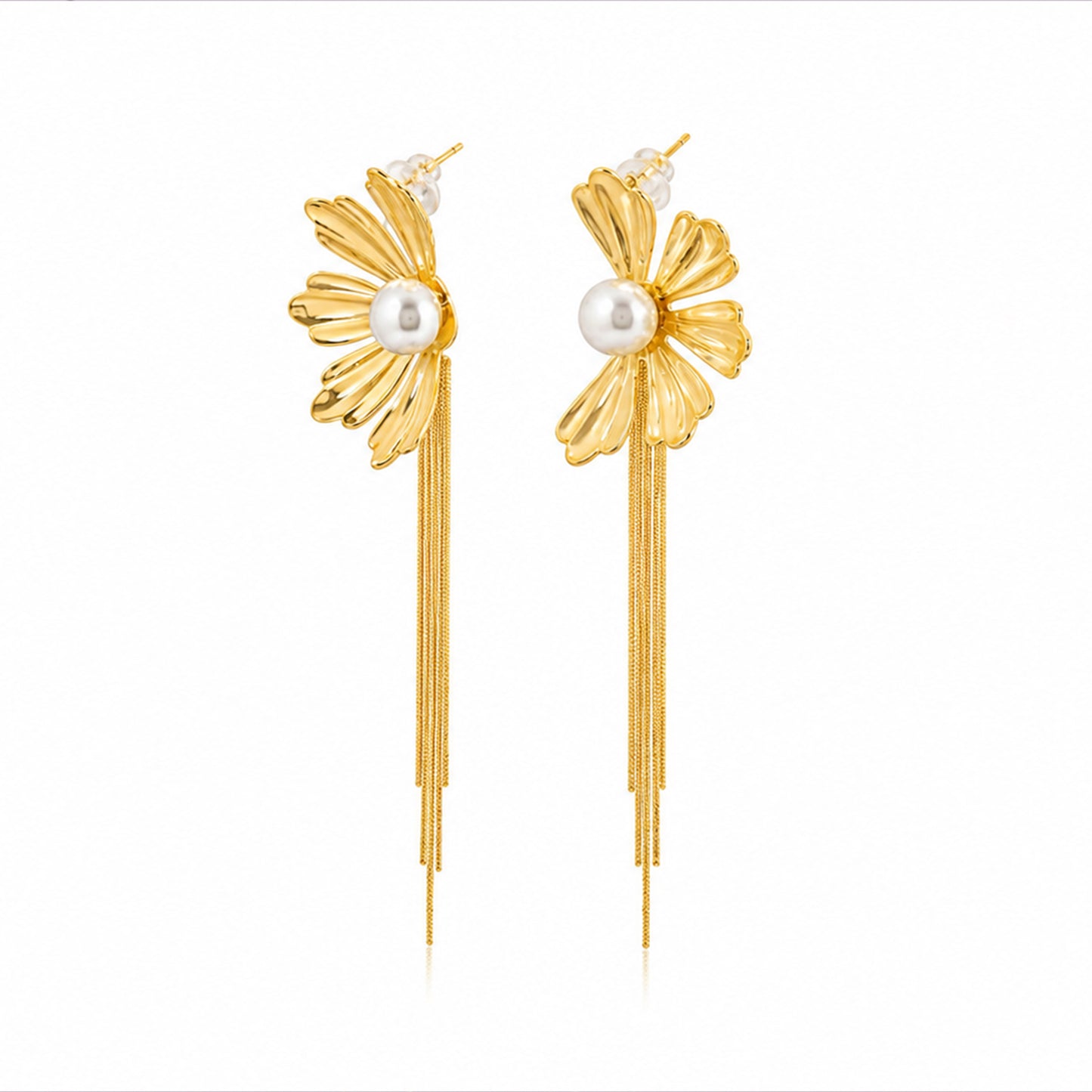 Flower Pearl Chain Tassel 18K Gold-Plated Earrings