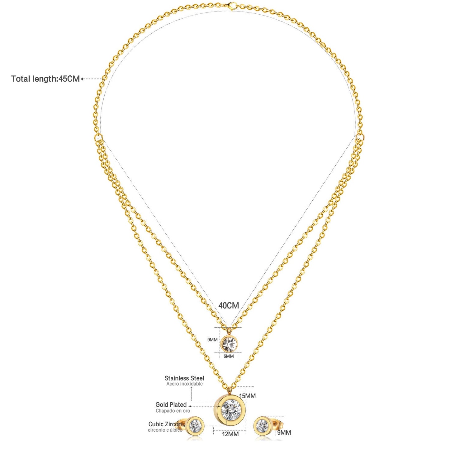 Double Layer Bezel CZ 18K Gold-Plated Jewellery Set (3 Pcs)