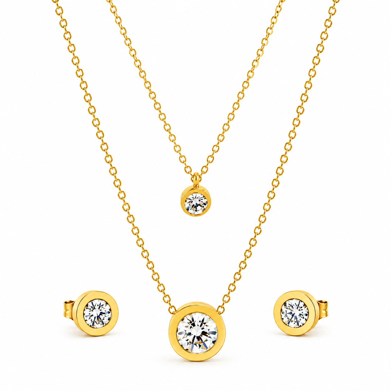 Double Layer Bezel CZ 18K Gold-Plated Jewellery Set (3 Pcs)