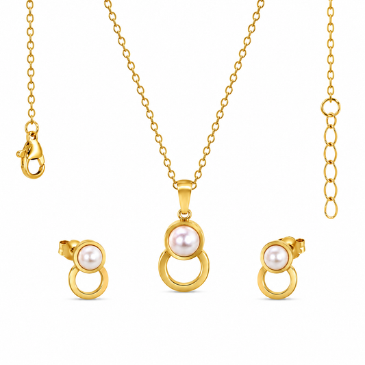 Pearl & Circle Drop 18K Gold-Plated Jewellery Set (3 Pcs)