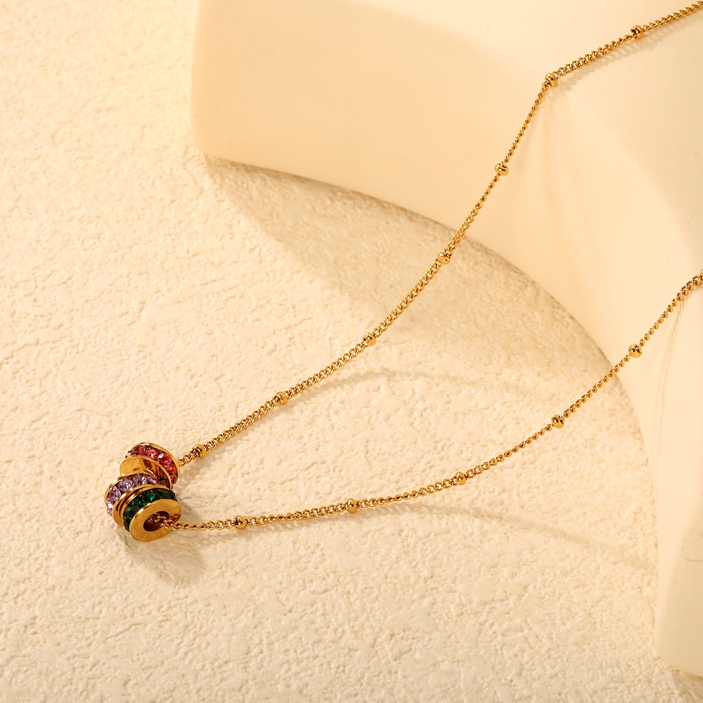 Rainbow Ring Stack CZ 18K Gold-Plated Necklace