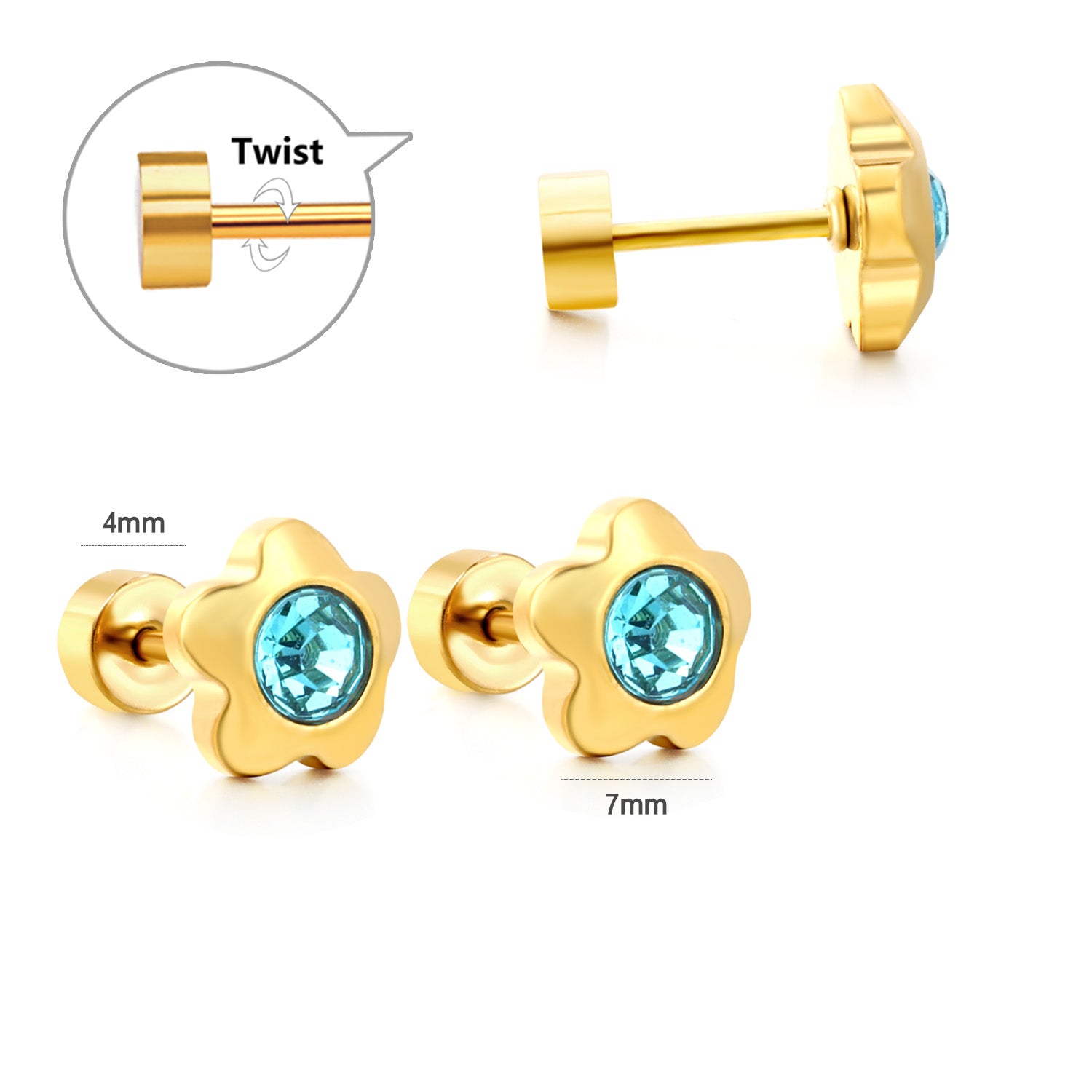 Aqua Flower gold earrings detail – aqua flower close-up by Twisty Locks