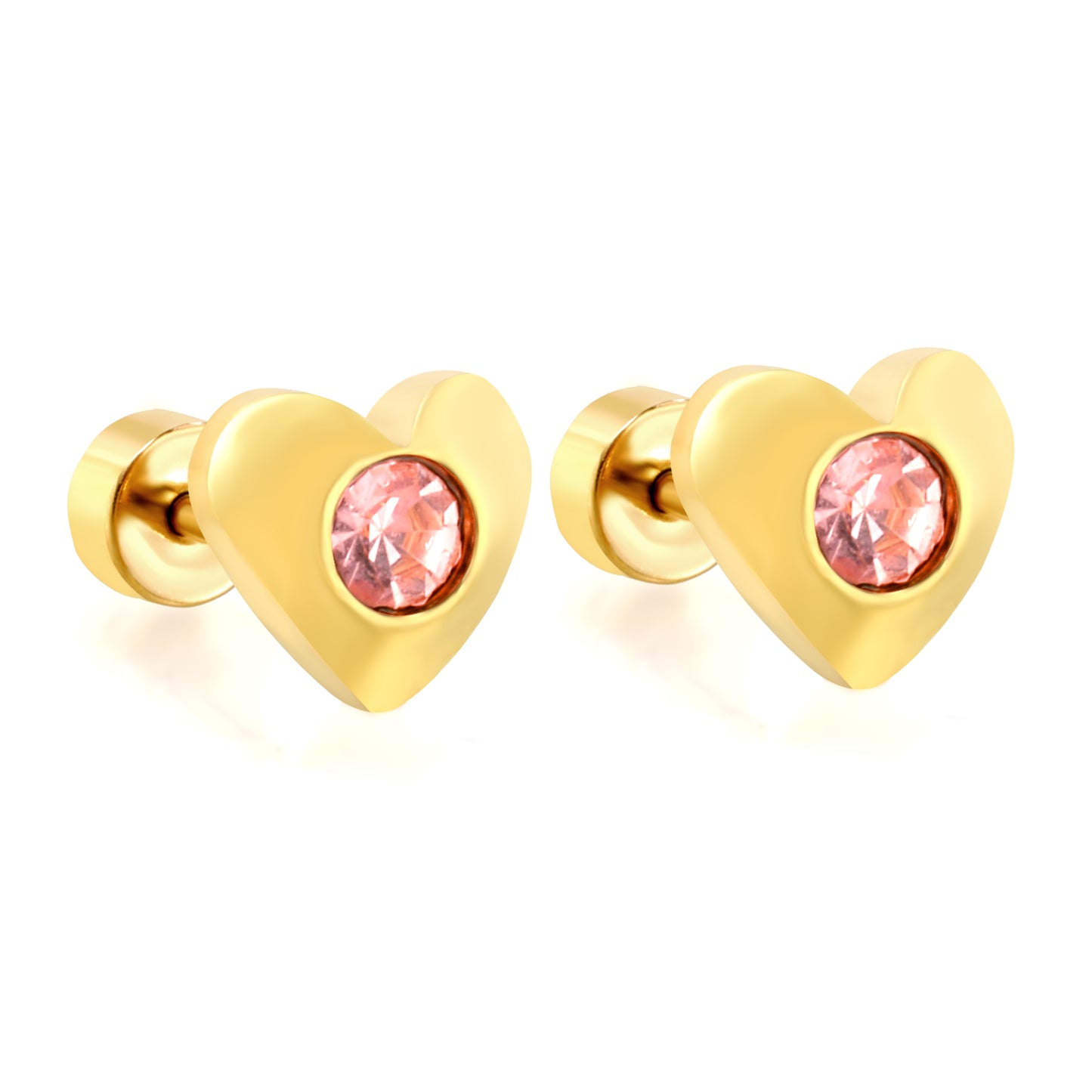 Pink Crystal Heart gold earrings – main product shot on white by Twisty Locks