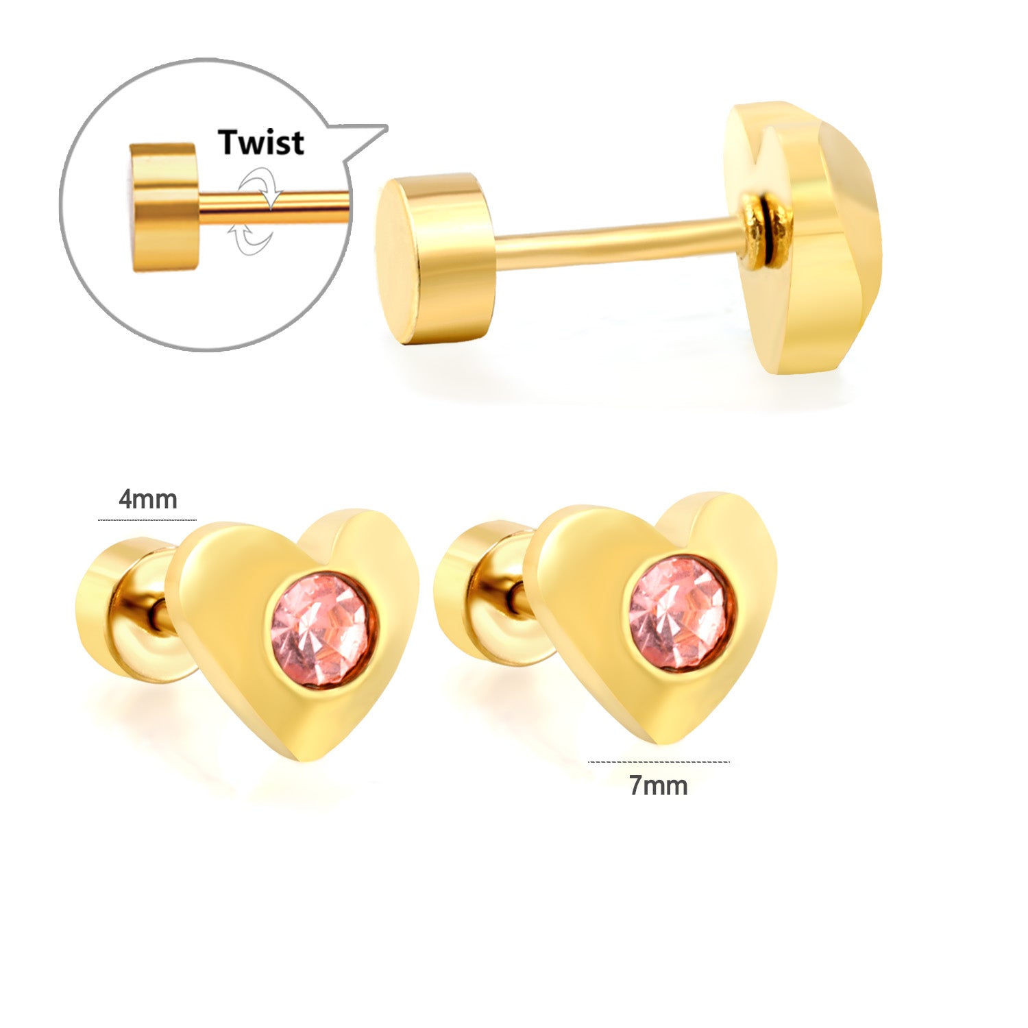 Pink Crystal Heart gold earrings detail – crystal heart close-up by Twisty Locks