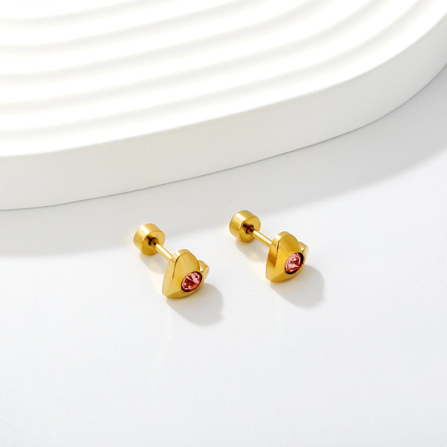 Pink Crystal Heart gold earrings pair view – children's earrings by Twisty Locks