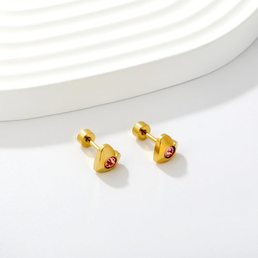 Pink Crystal Heart gold earrings pair view – children's earrings by Twisty Locks
