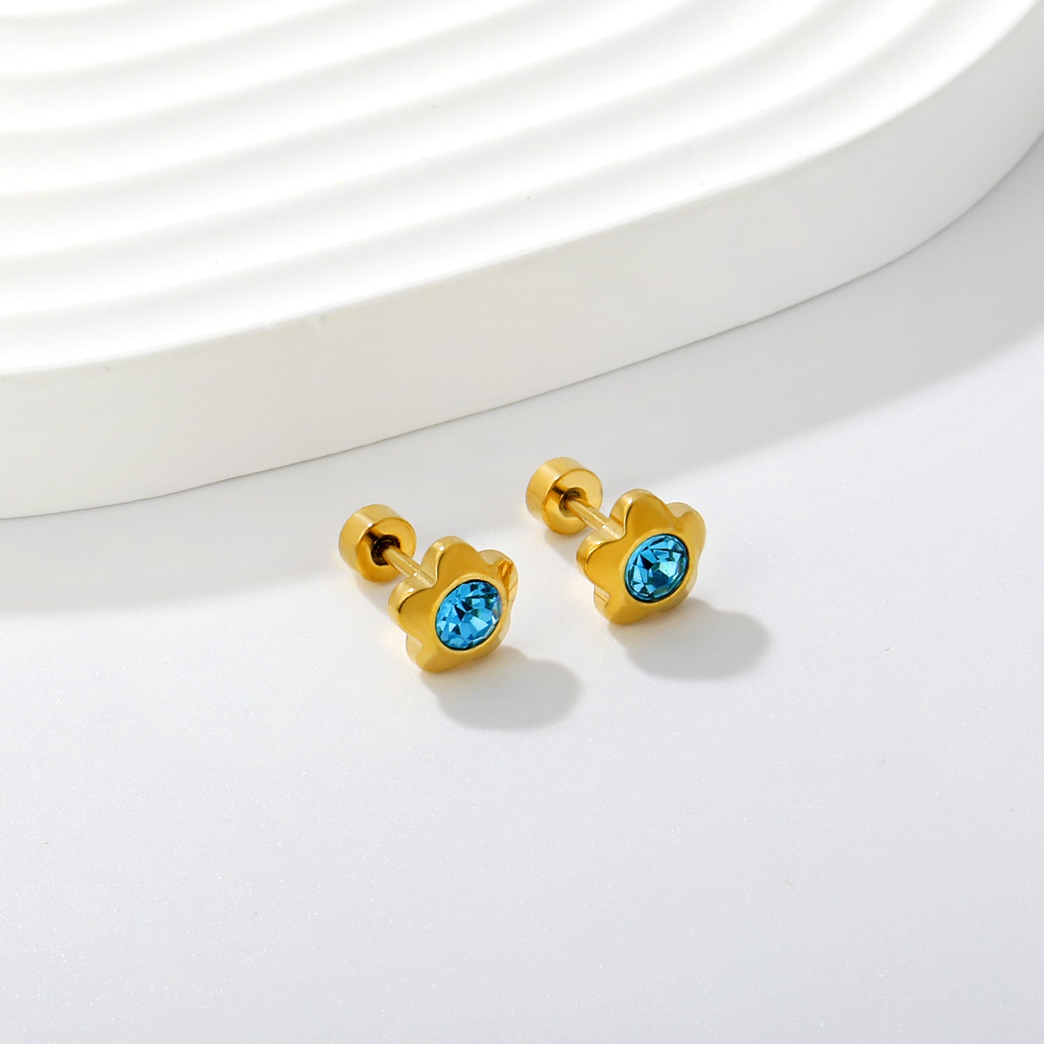 Aqua Flower gold earrings side angle – poke free kids jewellery by Twisty Locks