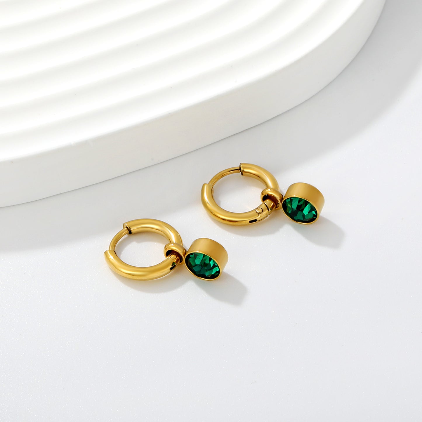 Green Zircon Charm Hoops side angle – poke free kids jewellery by Twisty Locks