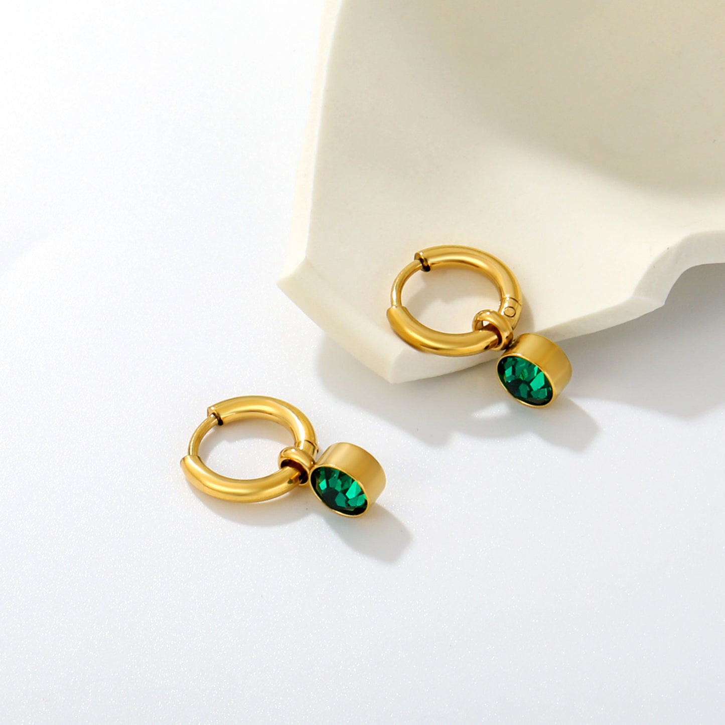 Green Zircon Charm Hoops flat lay – 18K gold plated by Twisty Locks