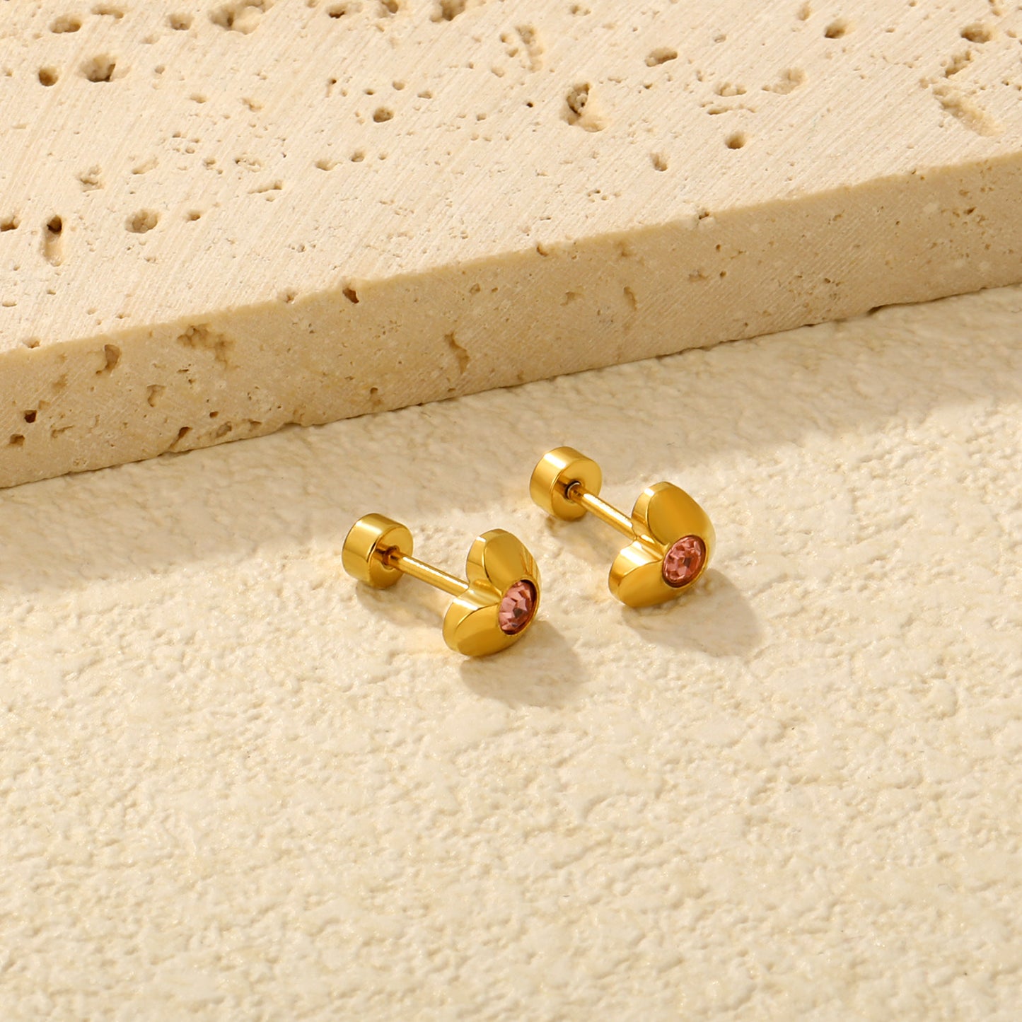 Pink Crystal Heart gold earrings side angle – poke free kids jewellery by Twisty Locks