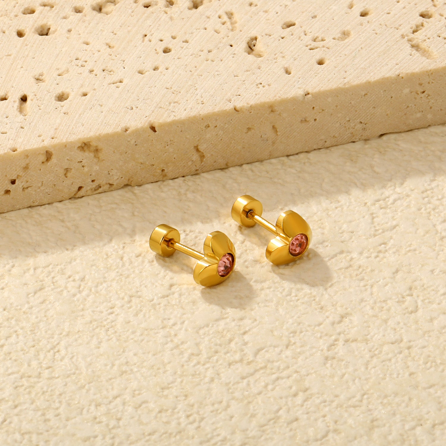 Pink Crystal Heart gold earrings side angle – poke free kids jewellery by Twisty Locks