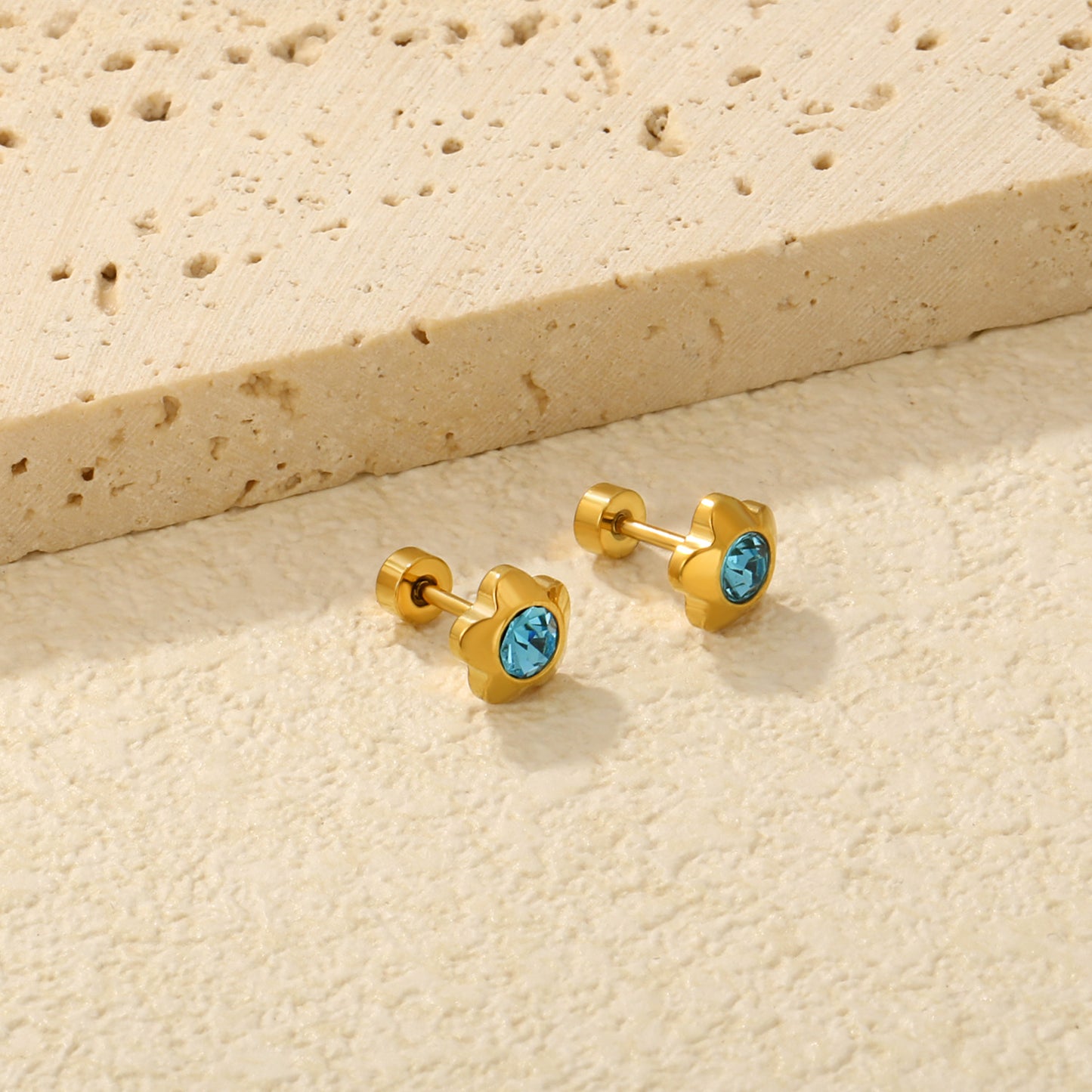 Aqua Flower gold earrings pair view – children's earrings by Twisty Locks