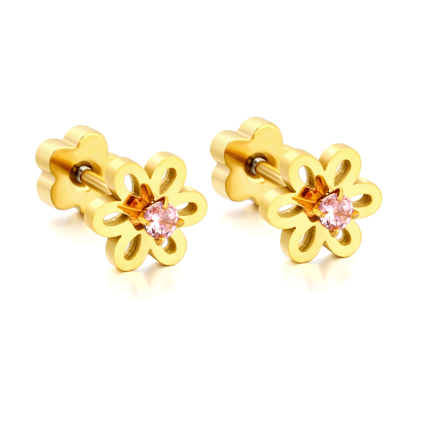 Pink Diamond Flower 18K Gold Plated Children's Earrings