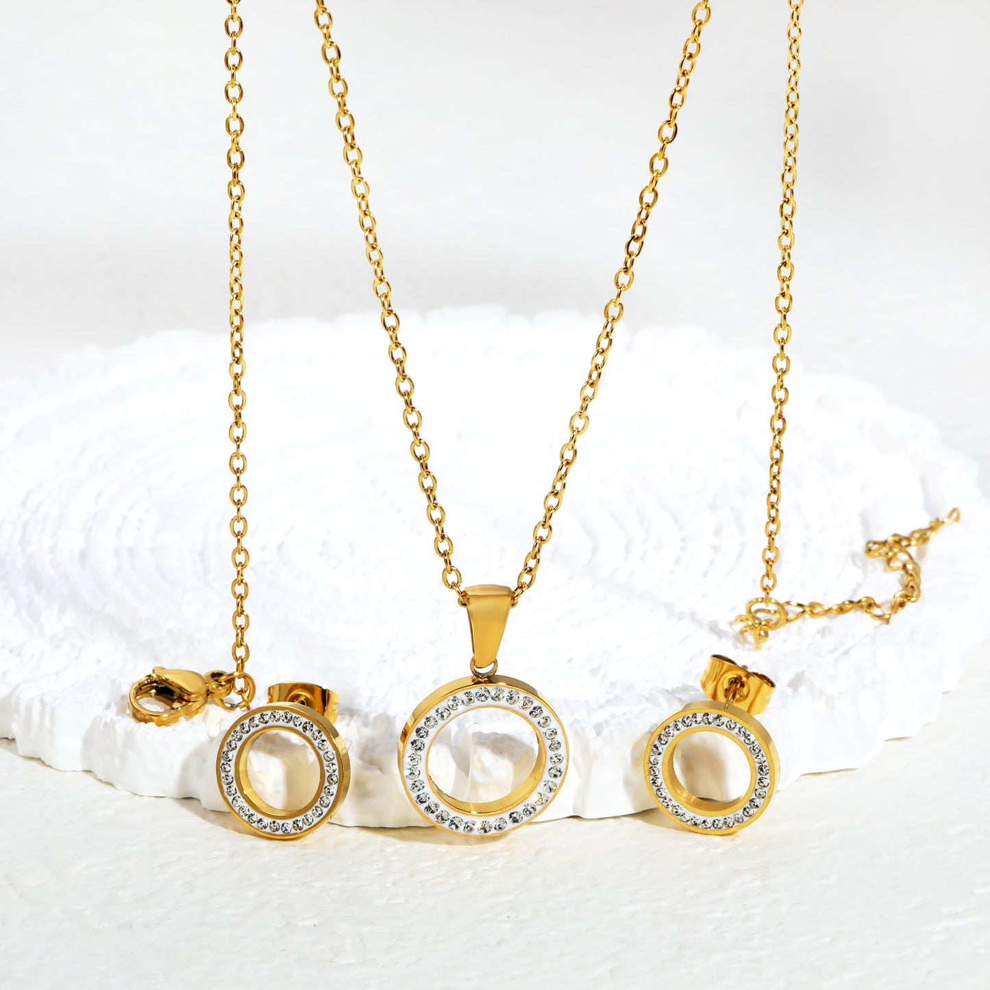 Crystal Halo Circle 18K Gold-Plated Jewellery Set (3 Pcs)