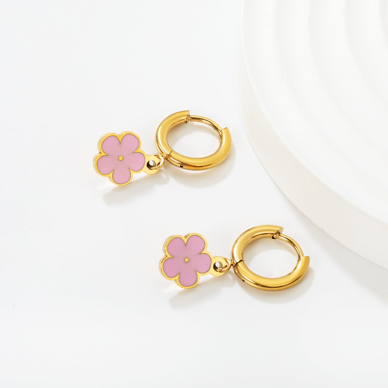 Pink Blossom Hoops gold earrings side angle – poke free kids jewellery by Twisty Locks
