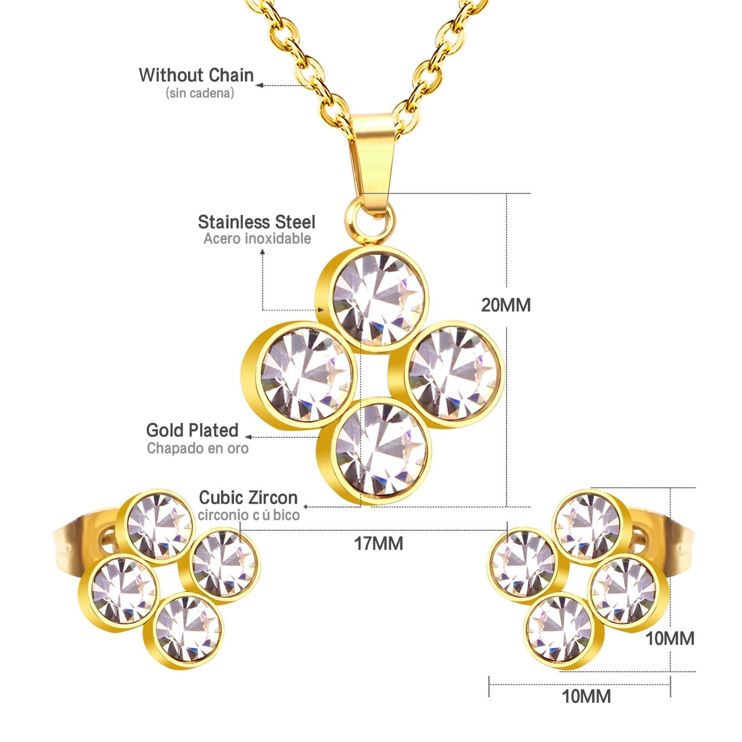 Four-Leaf CZ Cluster 18K Gold-Plated Jewellery Set (3 Pcs)