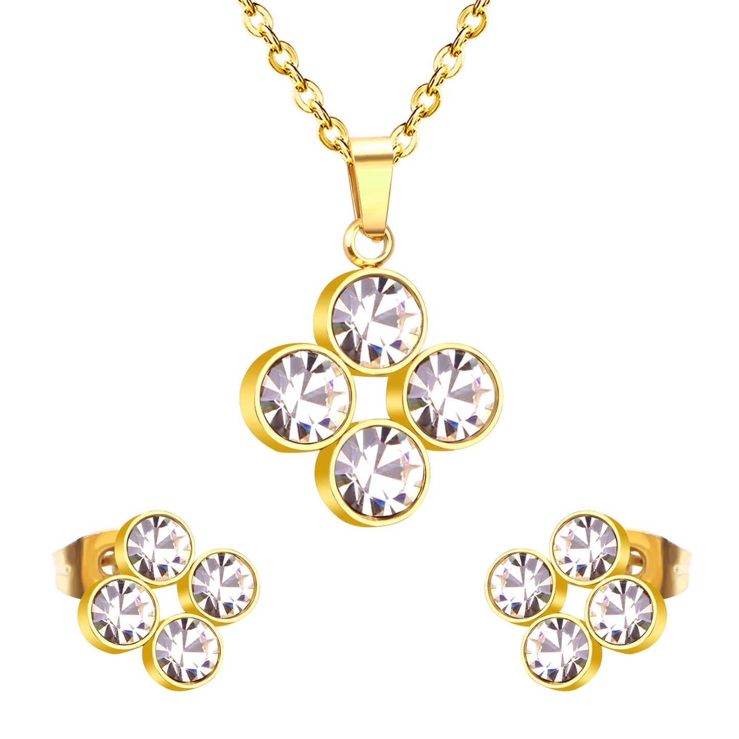 Four-Leaf CZ Cluster 18K Gold-Plated Jewellery Set (3 Pcs)