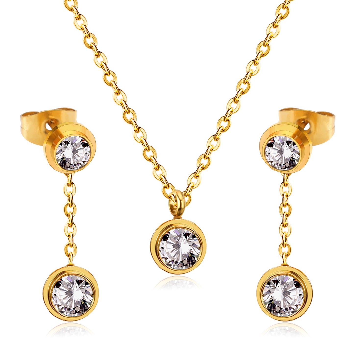 Double Bezel CZ Drop 18K Gold-Plated Jewellery Set (3 Pcs)