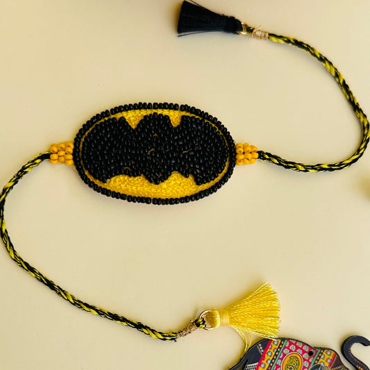 Bat Embroidered Rakhi with Roli & Chawal - Yellow - Twisty Locks  - Kids Hair Accessories India