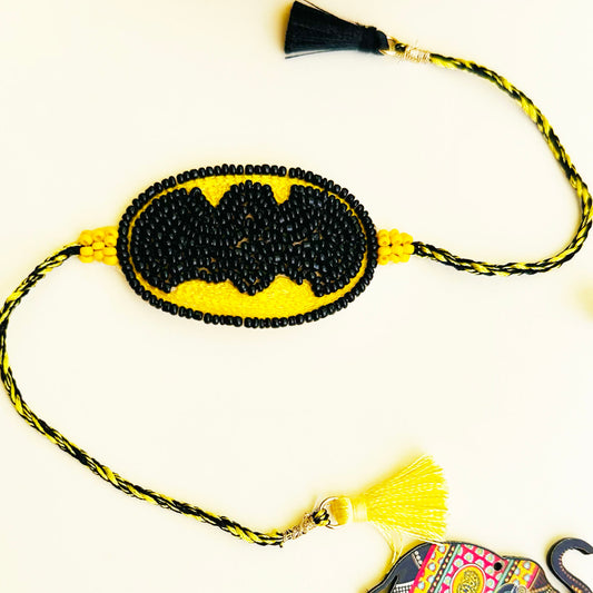 Bat Embroidered Rakhi with Roli & Chawal - Yellow - Twisty Locks  - Kids Hair Accessories India