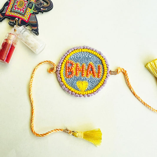 Bhai Embroidered Rakhi with Roli & Chawal - Yellow - Twisty Locks  - Kids Hair Accessories India