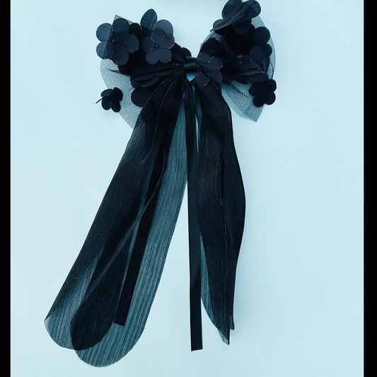 Black Appliqué Flower Bow - Twisty Locks  - Kids Hair Accessories India