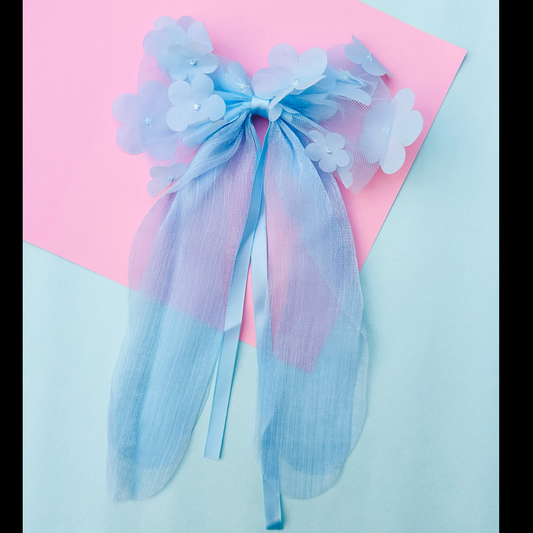 Blue Appliqué Flower Bow - Twisty Locks  - Kids Hair Accessories India
