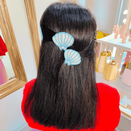 Blue Big Seashell Embroidered Hair Clips Set - Twisty Locks  - Kids and Women Hair Accessories, Fashion Clothing and Jewellery India