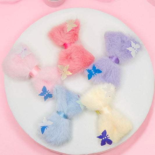 Blue Furry Bow Clips - Set of 2 - Twisty Locks  - Kids Hair Accessories India