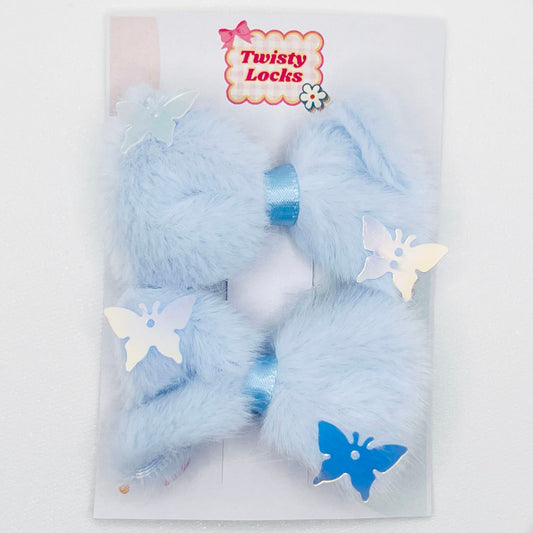 Blue Furry Bow Clips - Set of 2 - Twisty Locks  - Kids Hair Accessories India