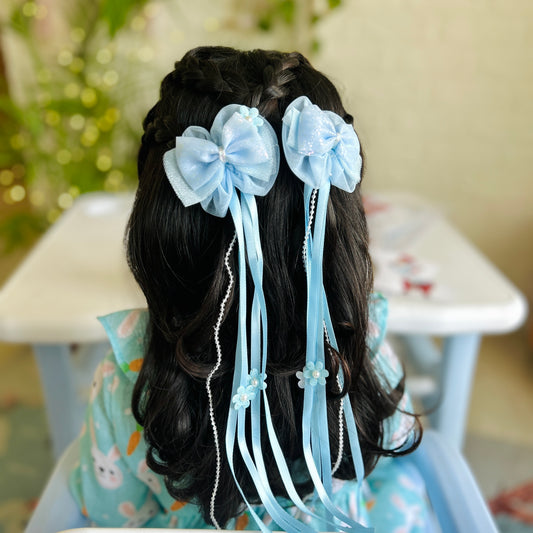 Blue Ribbon & Pearl Tail Bows - Set of 2 - Twisty Locks  - Kids Hair Accessories India