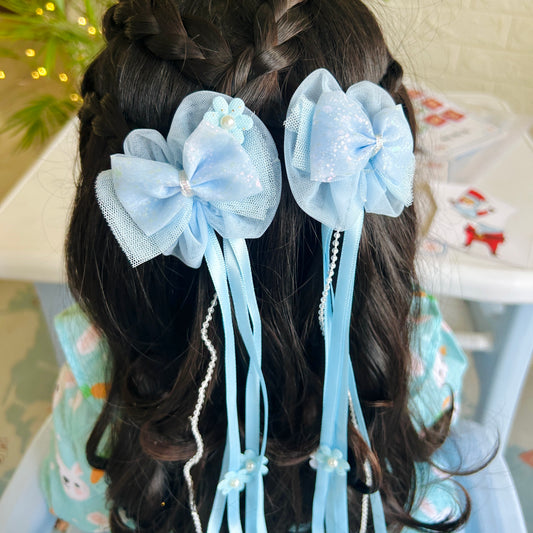 Blue Ribbon & Pearl Tail Bows - Set of 2 - Twisty Locks  - Kids Hair Accessories India