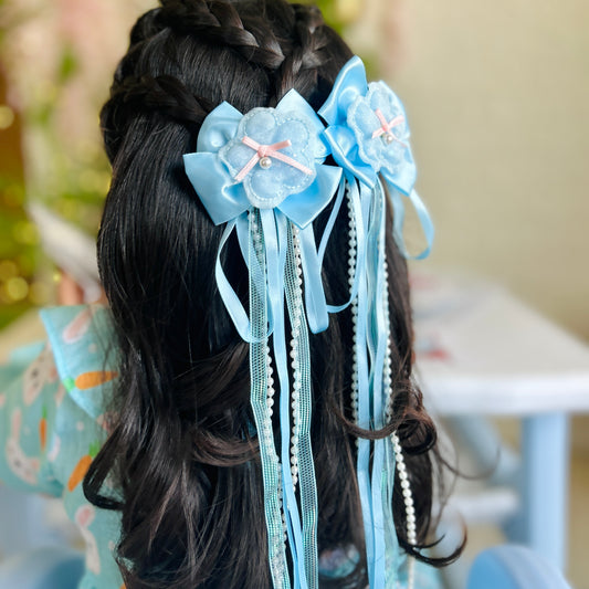 Blue Ribbon & Pearl Tail Flower Bows - Set of 2 - Twisty Locks  - Kids Hair Accessories India