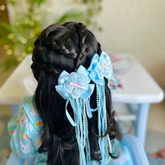 Blue Ribbon & Pearl Tail Flower Bows - Set of 2 - Twisty Locks  - Kids Hair Accessories India