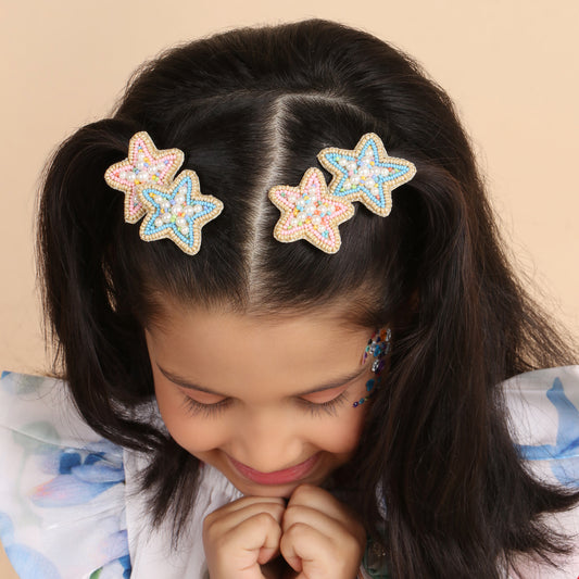 Blue Stars Embroidered Hair Clips Set - Twisty Locks  - Kids Hair Accessories India