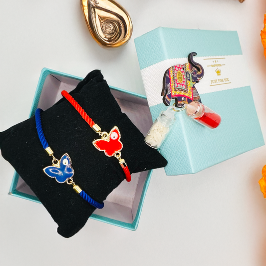 Butterfly Evil Eye Rakhi Combo with Roli & Chawal - Multi - Twisty Locks  - Kids Hair Accessories India