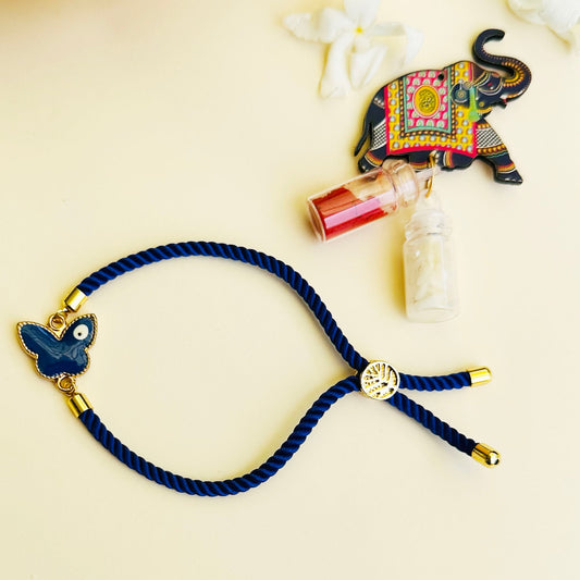 Butterfly Evil Eye Rakhi with Roli & Chawal - Blue - Twisty Locks  - Kids Hair Accessories India