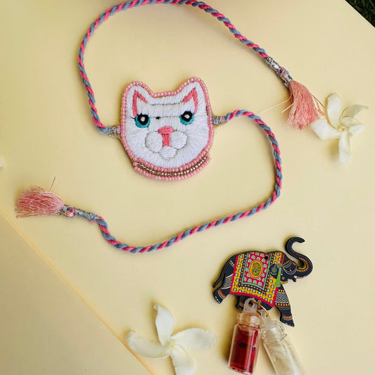 Cat Embroidered Rakhi with Roli & Chawal - Pink - Twisty Locks  - Kids Hair Accessories India