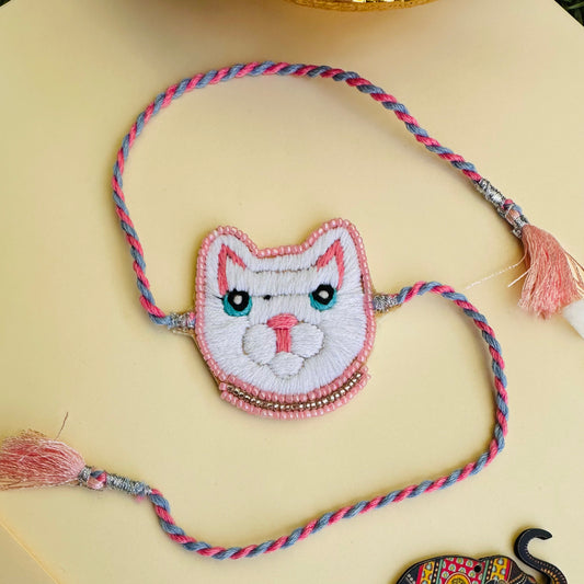 Cat Embroidered Rakhi with Roli & Chawal - Pink - Twisty Locks  - Kids Hair Accessories India