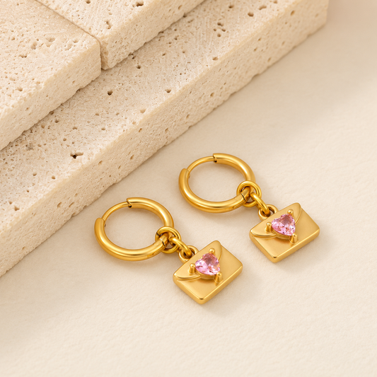 Heart Envelope earrings close-up – anti-tarnish gold earrings by Twisty Locks