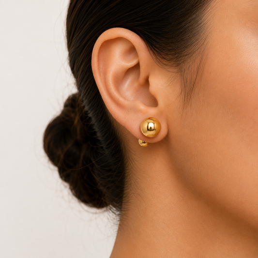 Double Ball Stud earrings close-up – anti-tarnish gold stud earrings by Twisty Locks