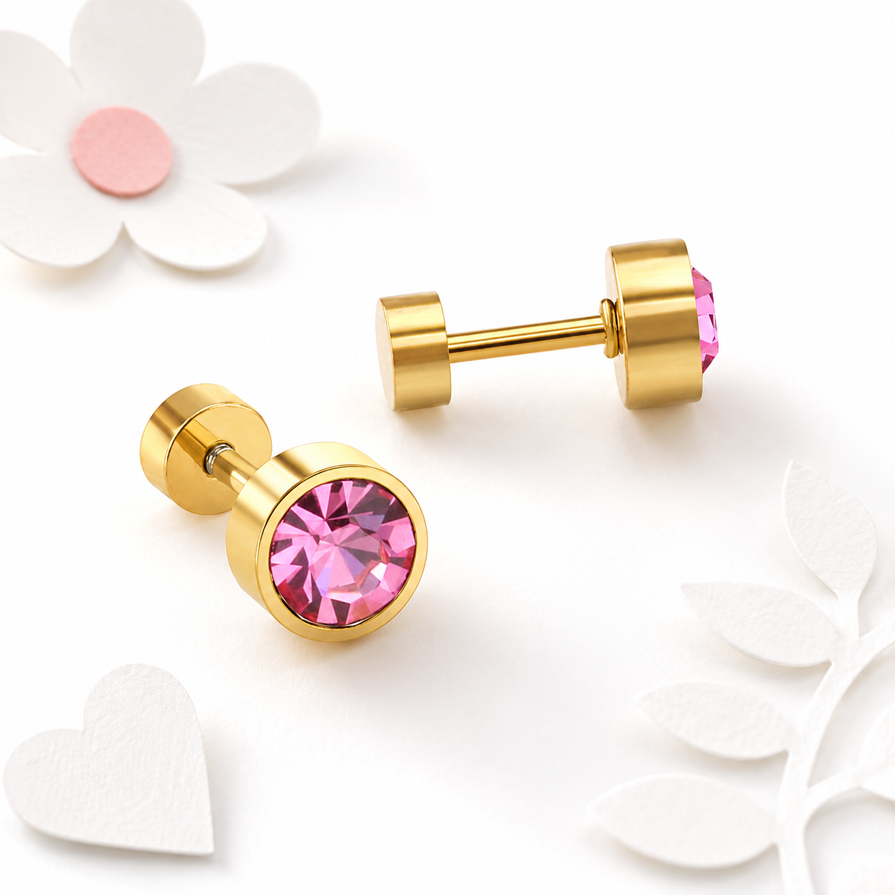 Pink Solitaire gold earrings – AI product render by Twisty Locks