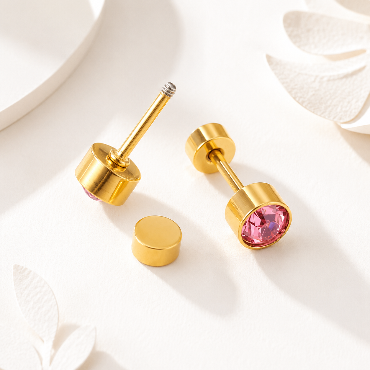 Pink Solitaire gold earrings detail – pink solitaire stud close-up by Twisty Locks