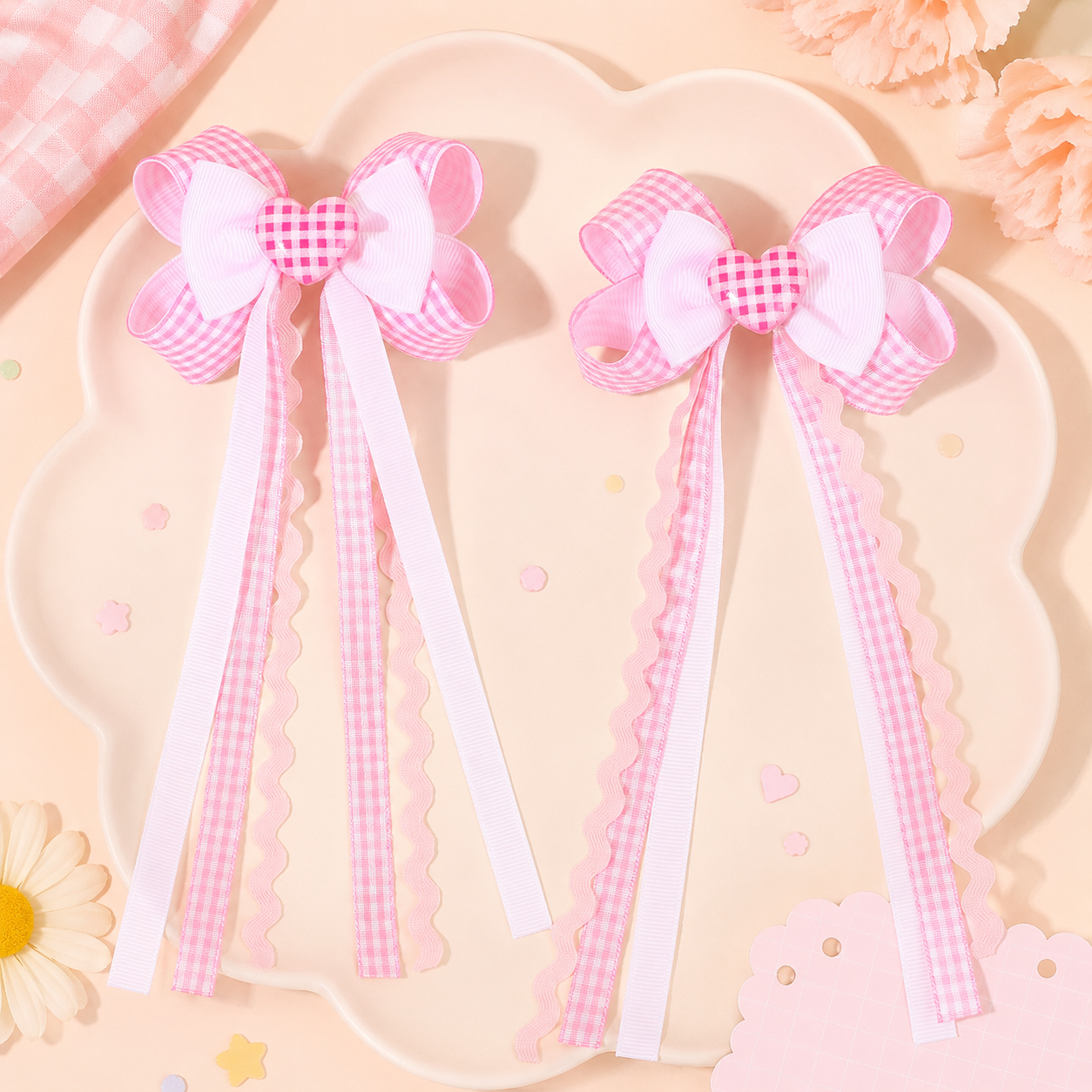 Gingham Ribbon Tail Hair Clips Set of 2