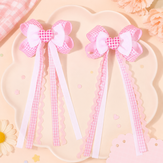 Gingham Ribbon Tail Hair Clips Set of 2
