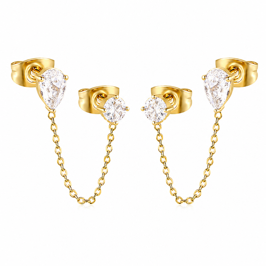 Double CZ Chain-Link Stud 18K Gold-Plated Earrings