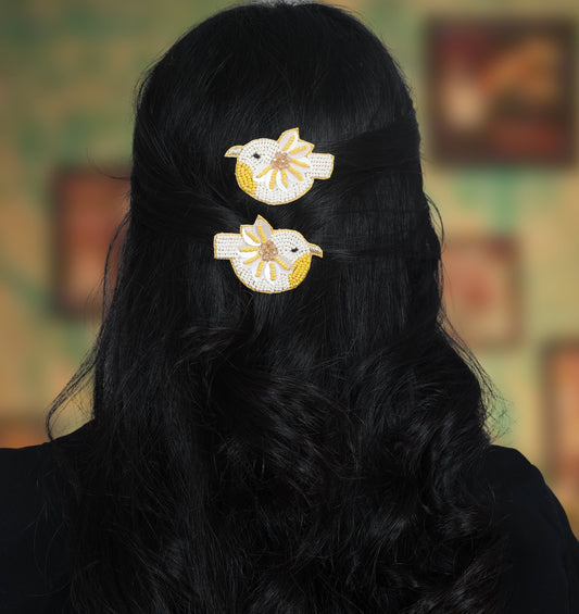 Chidiya Rani Embroidered Clips Set- Yellow - Twisty Locks  - Kids Hair Accessories India