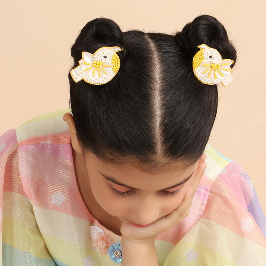 Chidiya Rani Embroidered Clips Set- Yellow - Twisty Locks  - Kids Hair Accessories India
