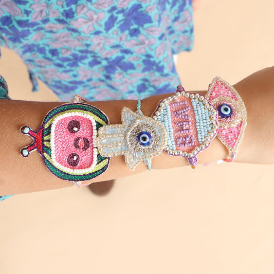 Evil Eye Embroidered Rakhi with Roli & Chawal - Big Pink - Twisty Locks  - Kids Hair Accessories India